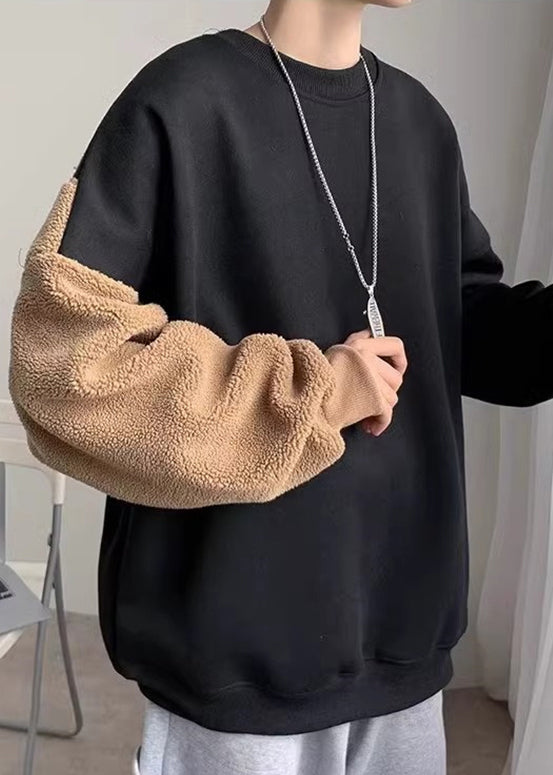 New Black Teddy Faux Fur Patchwork Men Sweatshirt Spring