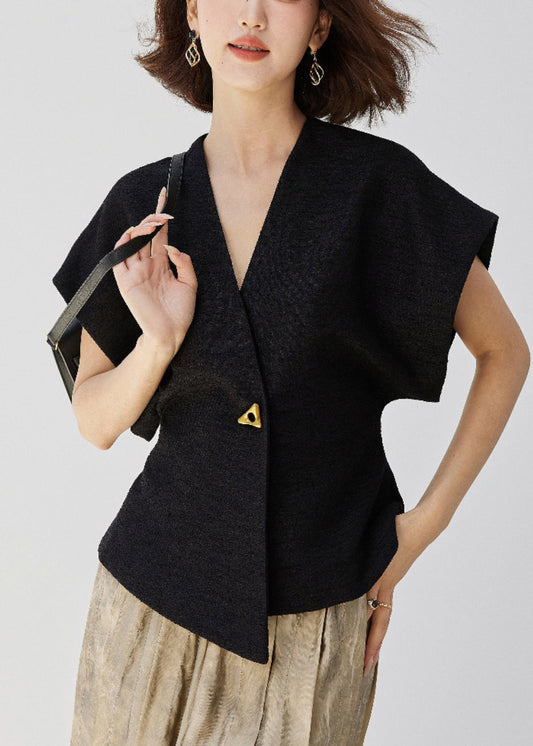 New Black V Neck Button Spandex Top Summer