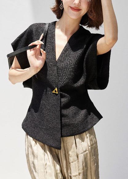 New Black V Neck Button Spandex Top Summer