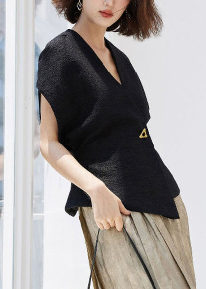 New Black V Neck Button Spandex Top Summer