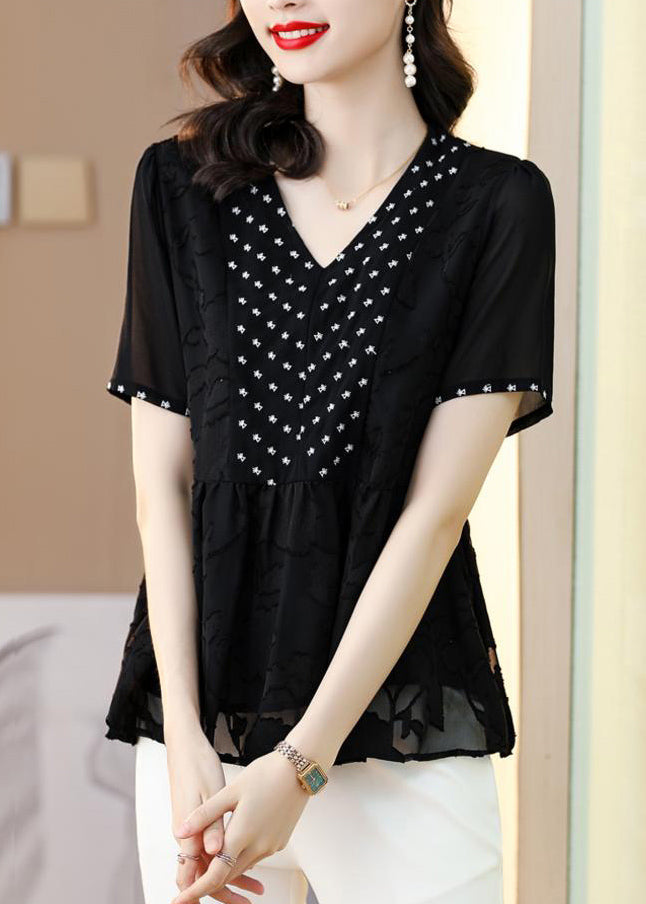 New Black V Neck Embroidered Chiffon Blouse Tops Summer