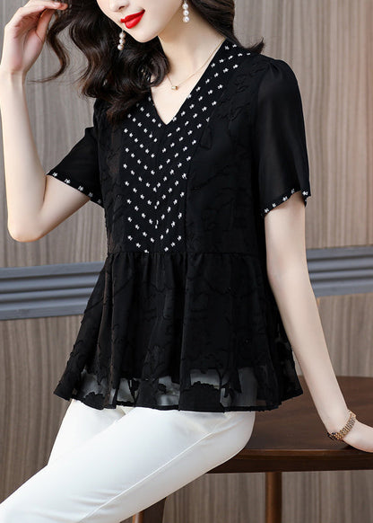 New Black V Neck Embroidered Chiffon Blouse Tops Summer
