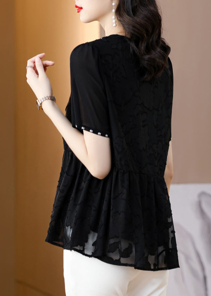New Black V Neck Embroidered Chiffon Blouse Tops Summer