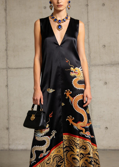 New Black V Neck Oriental Print Patchwork Chiffon Dresses Sleeveless