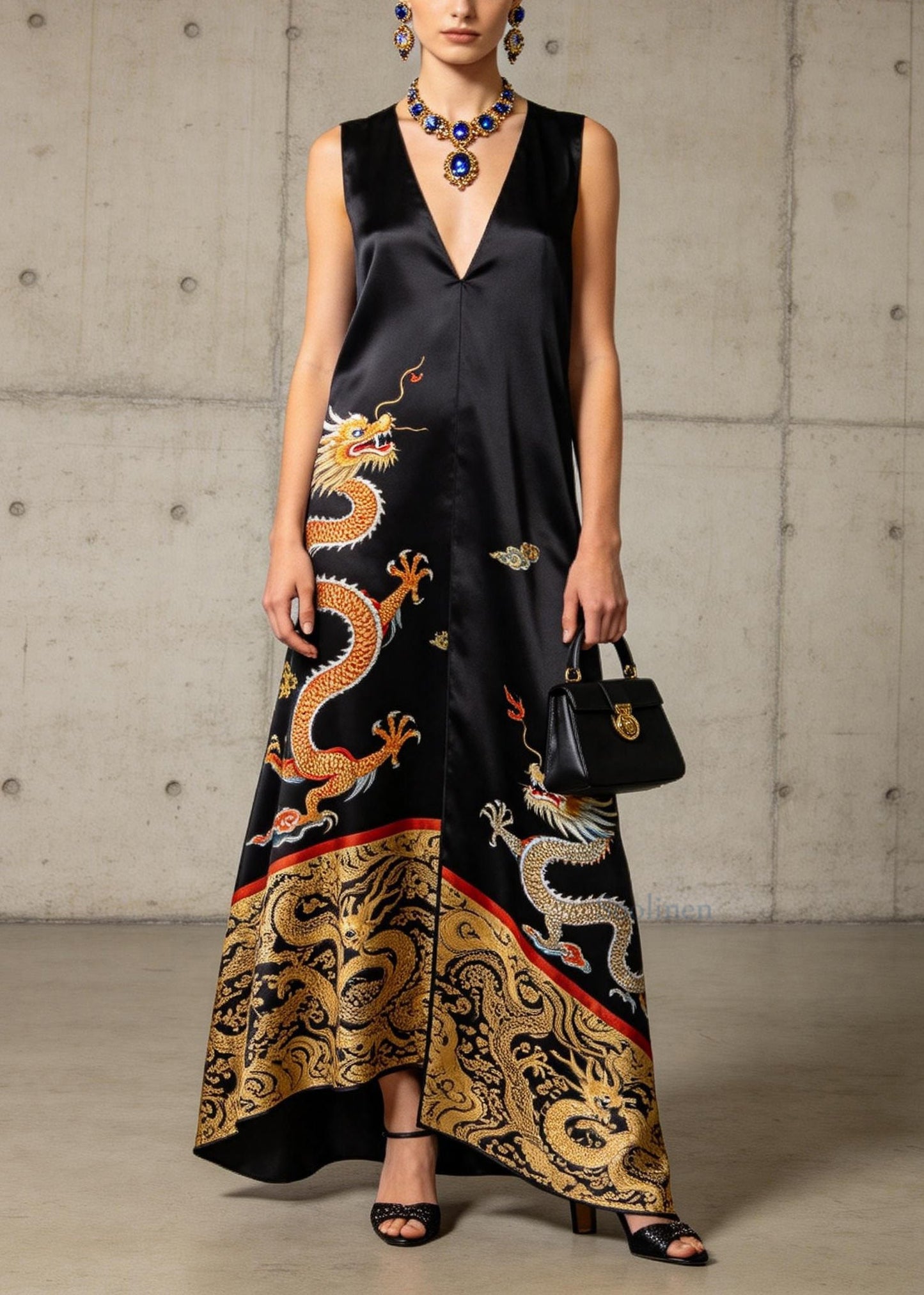 New Black V Neck Oriental Print Patchwork Chiffon Dresses Sleeveless