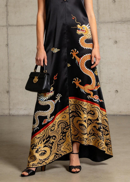 New Black V Neck Oriental Print Patchwork Chiffon Dresses Sleeveless