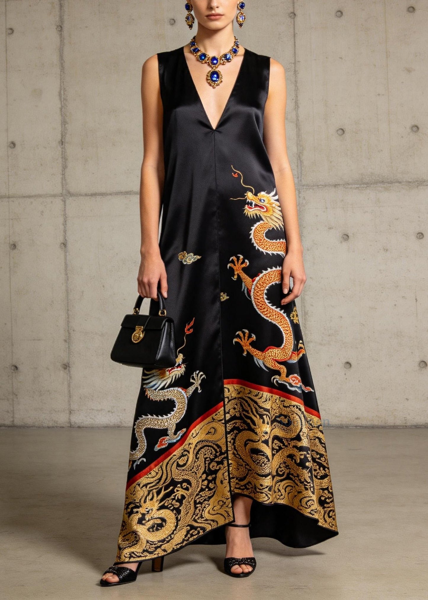 New Black V Neck Oriental Print Patchwork Chiffon Dresses Sleeveless