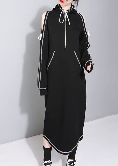 Neu Schwarz mit kapuze Taschen asymmetrische design Herbst Sweatshirts Kleider