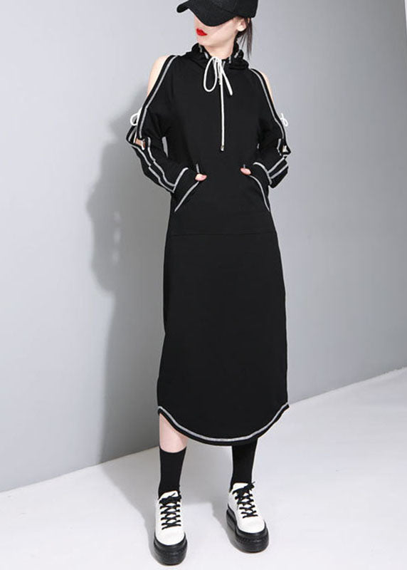 Neu Schwarz mit kapuze Taschen asymmetrische design Herbst Sweatshirts Kleider