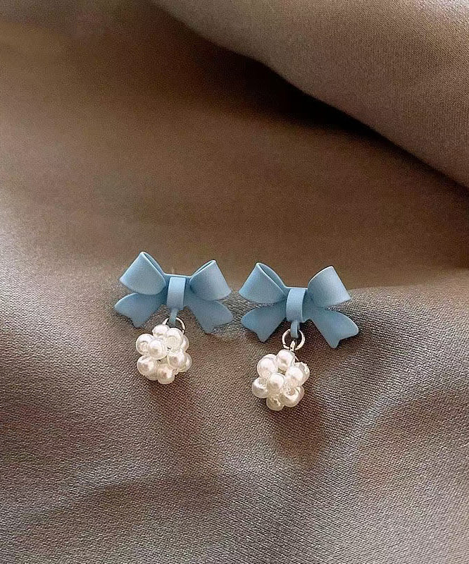 New Blue Baking Paint Bow Pearl Ball Stud Earrings
