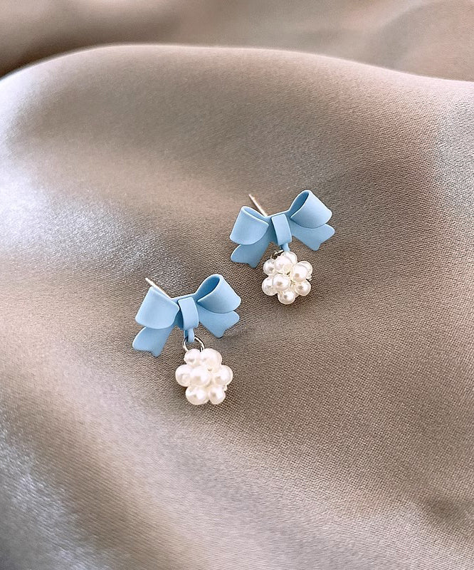 New Blue Baking Paint Bow Pearl Ball Stud Earrings
