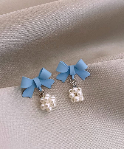 New Blue Baking Paint Bow Pearl Ball Stud Earrings