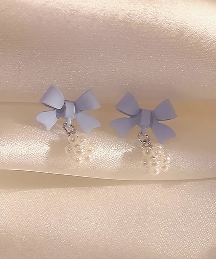 New Blue Baking Paint Bow Pearl Ball Stud Earrings