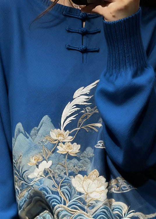 New Blue Embroidered Button Cozy Knit Sweaters Spring