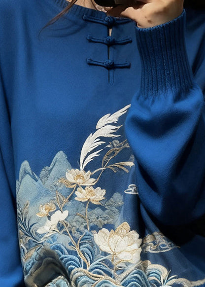 New Blue Embroidered Button Cozy Knit Sweaters Spring