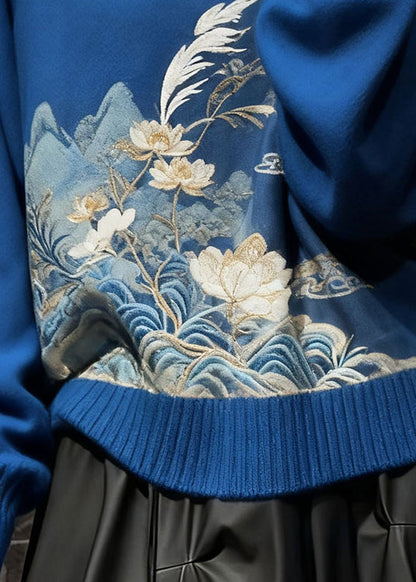 New Blue Embroidered Button Cozy Knit Sweaters Spring