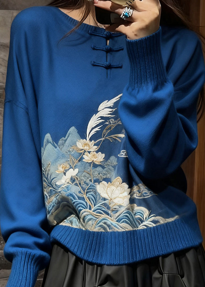 New Blue Embroidered Button Cozy Knit Sweaters Spring