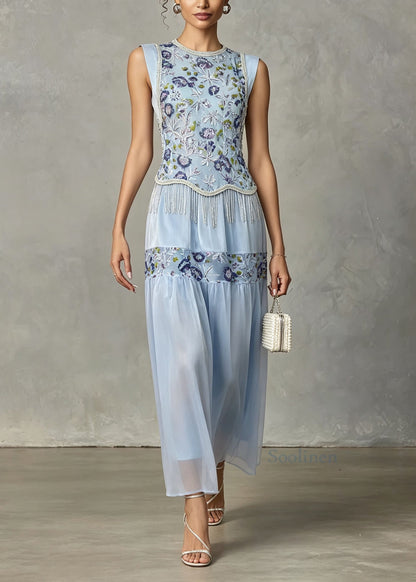 New Blue Embroidered Patchwork Silk Ankle Dress Sleeveless
