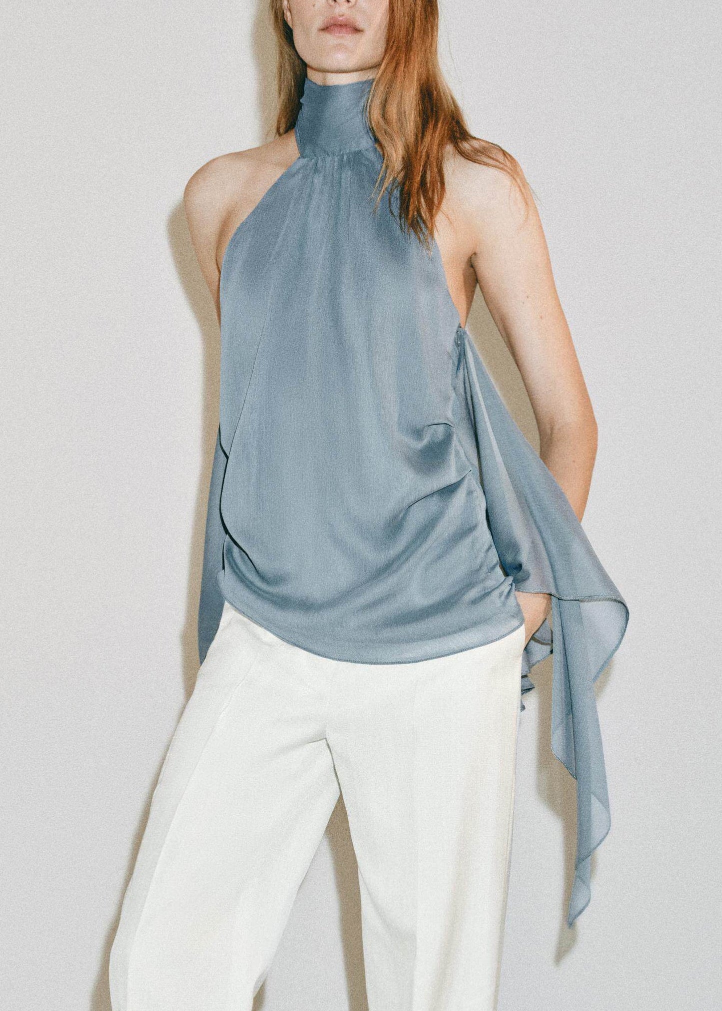 New Blue Grey Asymmetrical Patchwork Chiffon Top Sleeveless