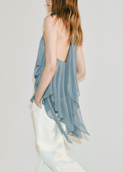 New Blue Grey Asymmetrical Patchwork Chiffon Top Sleeveless