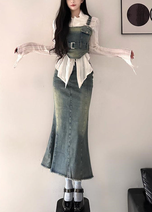 Neu Blau Lace Up Taschen Denim Sets 3 Stück Langarm