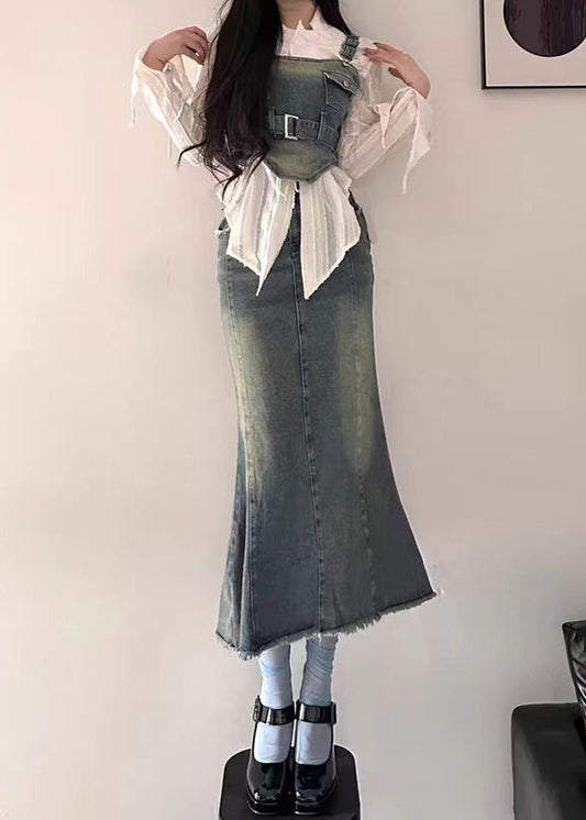 Neu Blau Lace Up Taschen Denim Sets 3 Stück Langarm