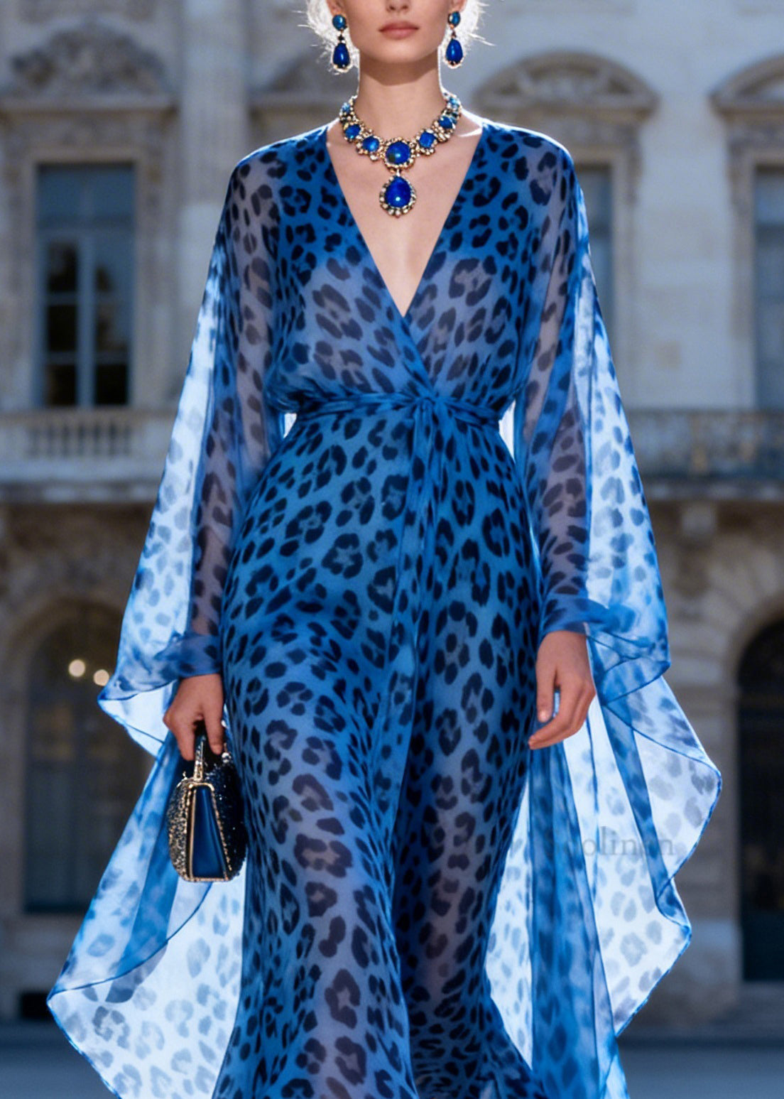 New Blue Leopard V Neck Print Chiffon Long Dress Summer