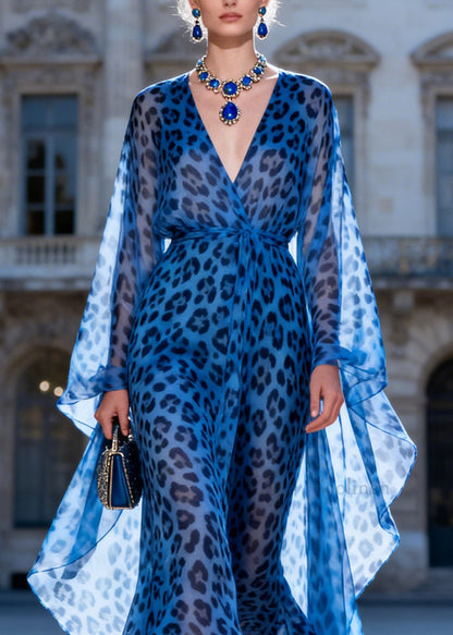 New Blue Leopard V Neck Print Chiffon Long Dress Summer