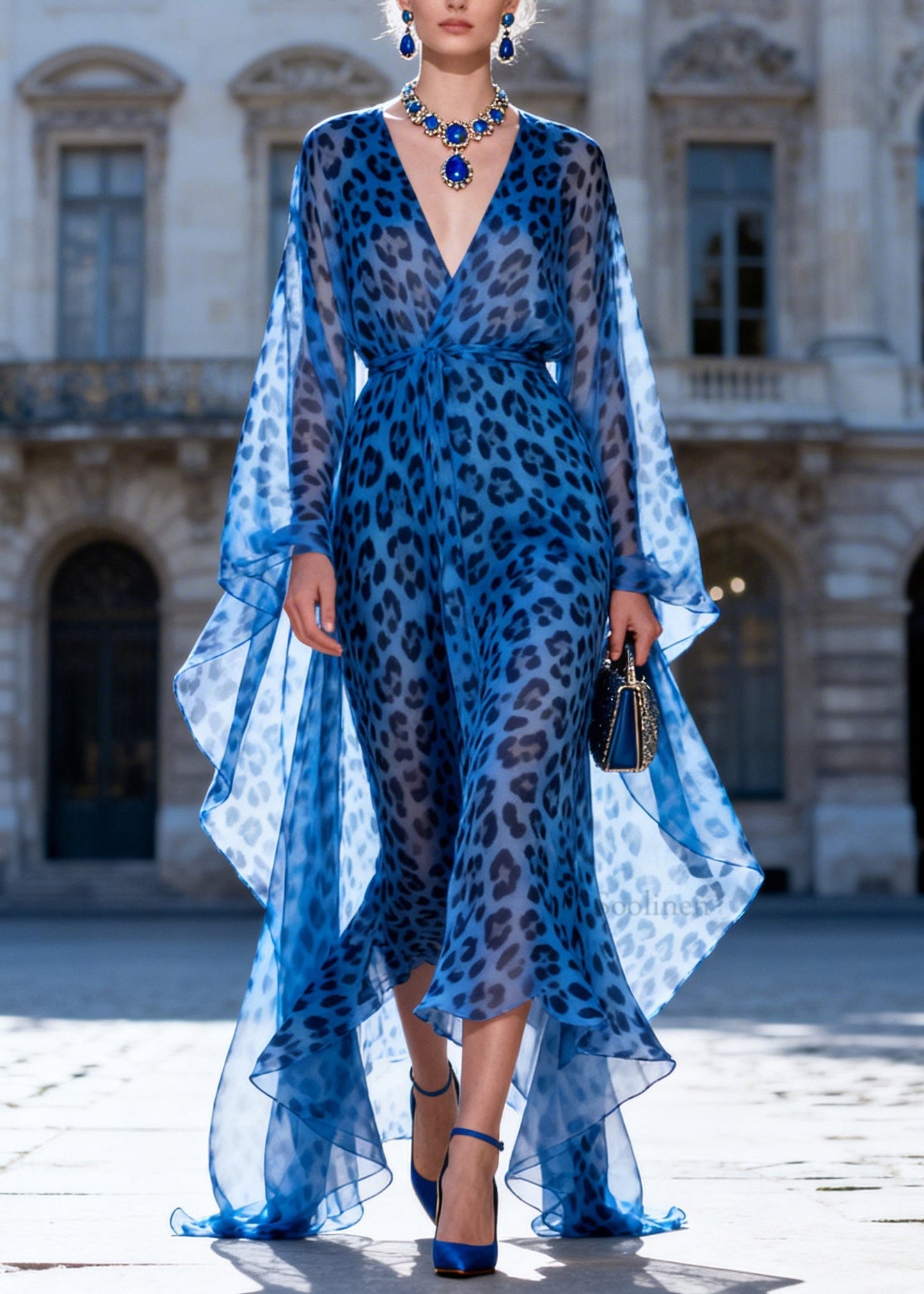 New Blue Leopard V Neck Print Chiffon Long Dress Summer