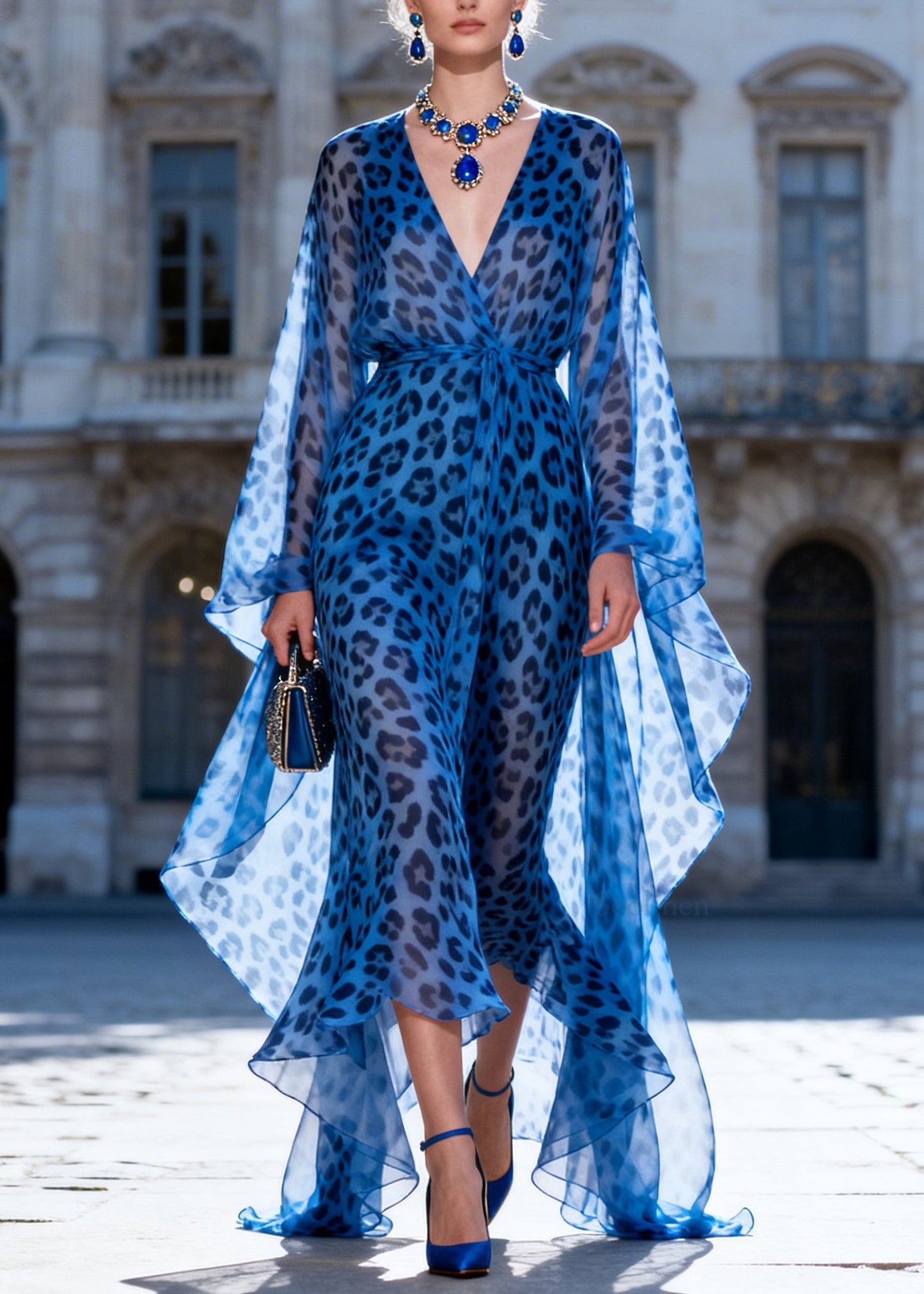 New Blue Leopard V Neck Print Chiffon Long Dress Summer