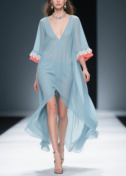 New Blue Low High Design Floral Patchwork Chiffon Dresses Bracelet Sleeve