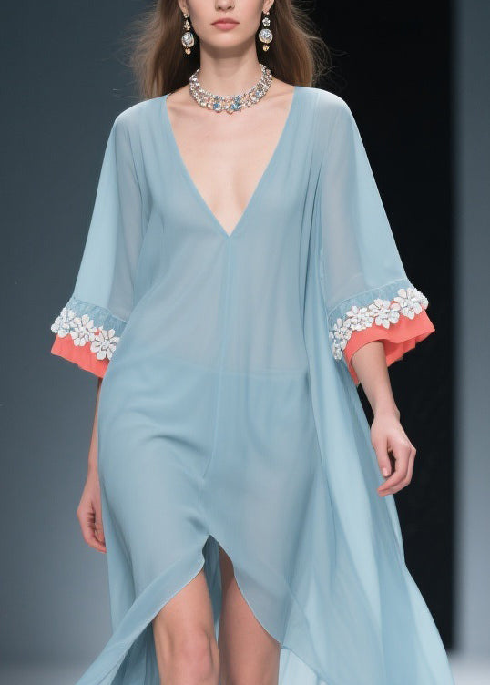 New Blue Low High Design Floral Patchwork Chiffon Dresses Bracelet Sleeve