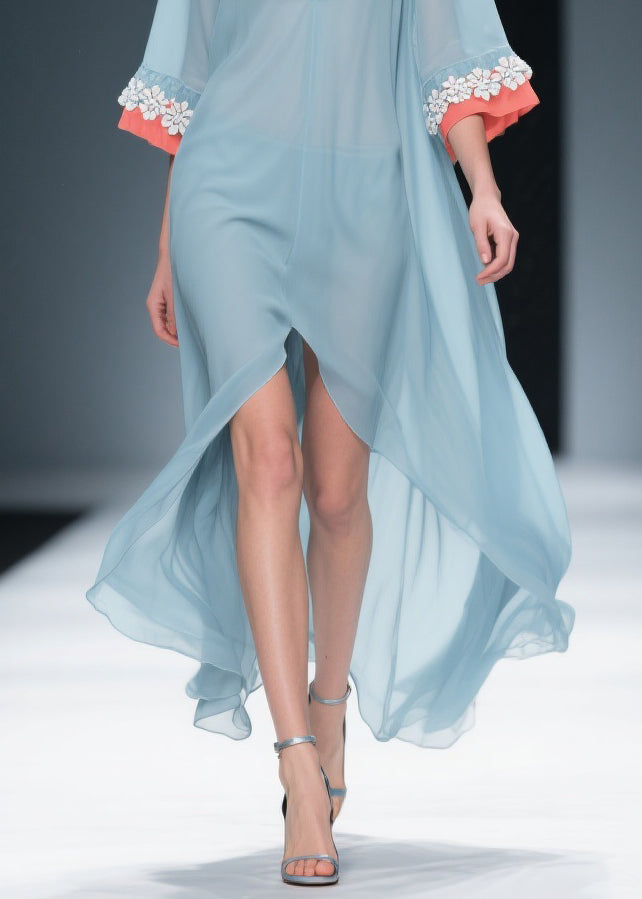 New Blue Low High Design Floral Patchwork Chiffon Dresses Bracelet Sleeve