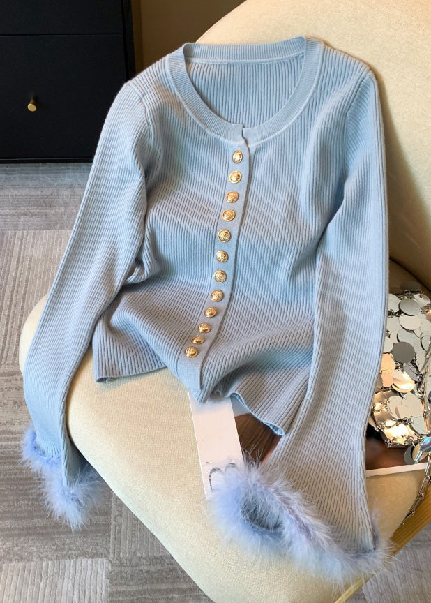 New Blue O Neck Button Cozy Patchwork Knit Sweater