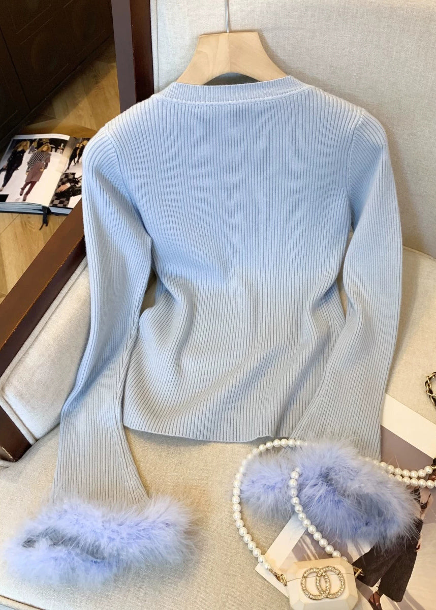 New Blue O Neck Button Cozy Patchwork Knit Sweater