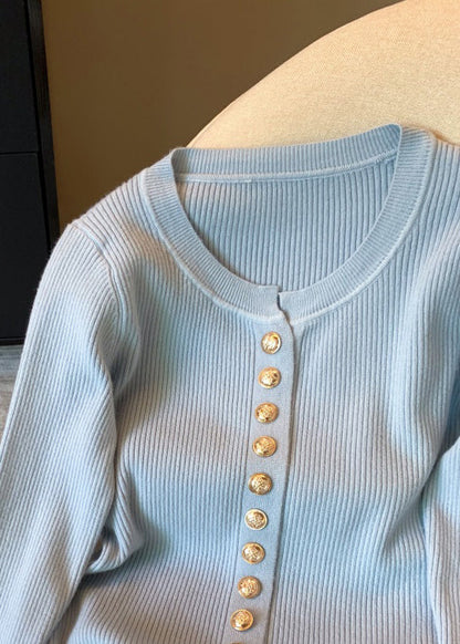 New Blue O Neck Button Cozy Patchwork Knit Sweater