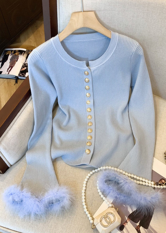 New Blue O Neck Cozy Patchwork Knit Sweater Tops Winter