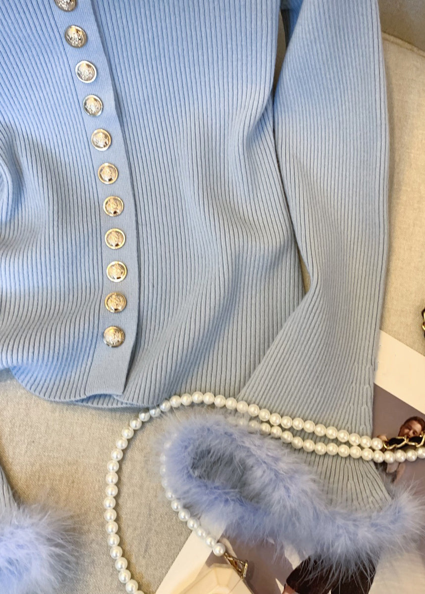 New Blue O Neck Cozy Patchwork Knit Sweater Tops Winter