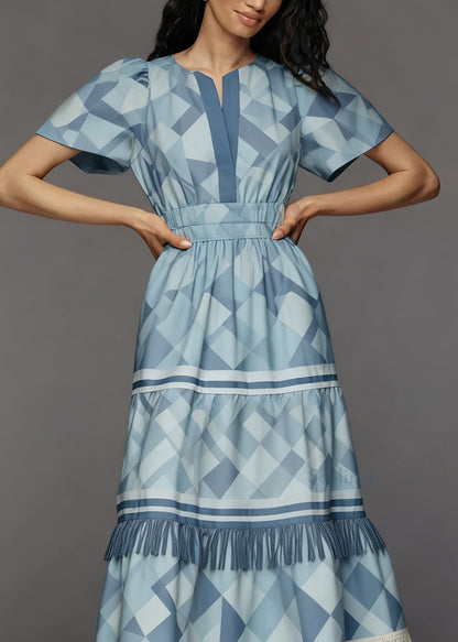 New Blue O Neck Print Tassel Patchwork Cotton Dress Summer
