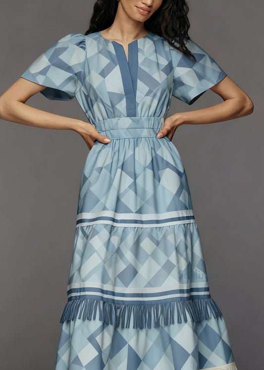 New Blue O Neck Print Tassel Patchwork Cotton Dress Summer