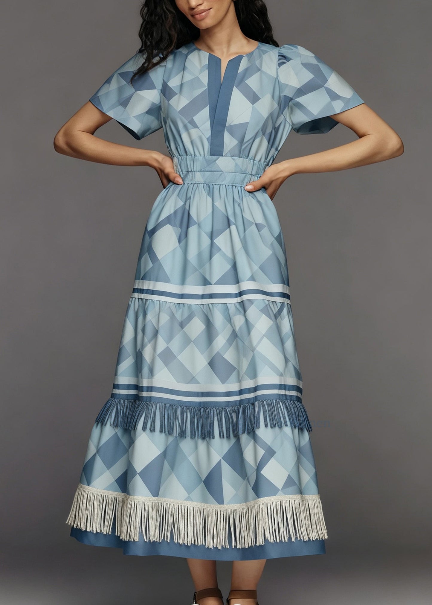 New Blue O Neck Print Tassel Patchwork Cotton Dress Summer