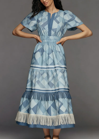 New Blue O Neck Print Tassel Patchwork Cotton Dress Summer