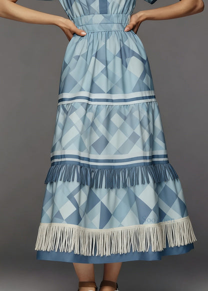 New Blue O Neck Print Tassel Patchwork Cotton Dress Summer