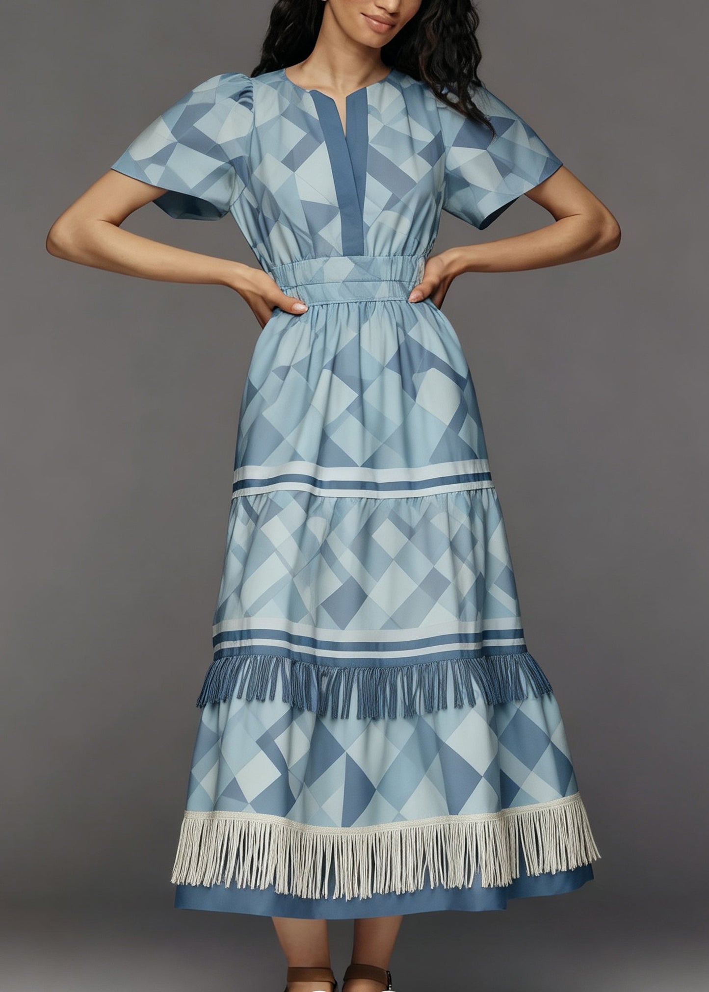 New Blue O Neck Print Tassel Patchwork Cotton Dress Summer