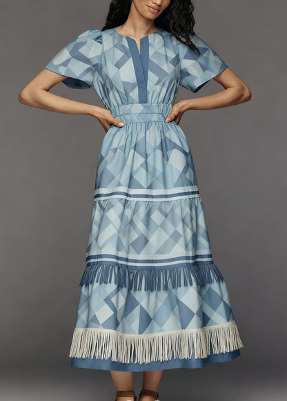 New Blue O Neck Print Tassel Patchwork Cotton Dress Summer
