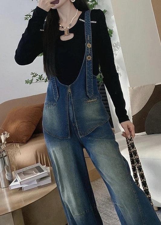 New Blue Patchwork Denim Overalls Jumpsuit Spring