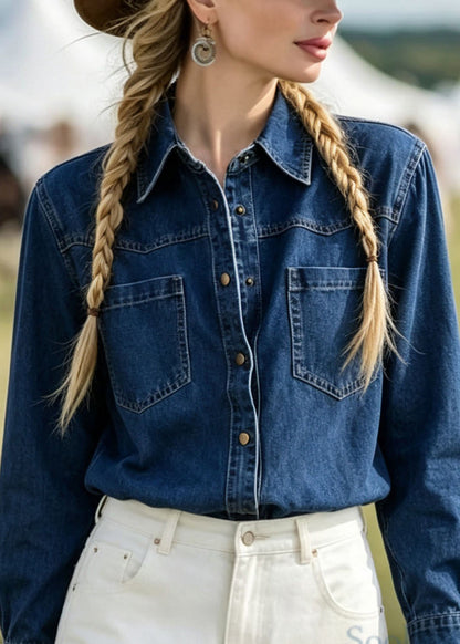 New Blue Peter Pan Collar Pockets Patchwork Denim Shirts Coats Fall