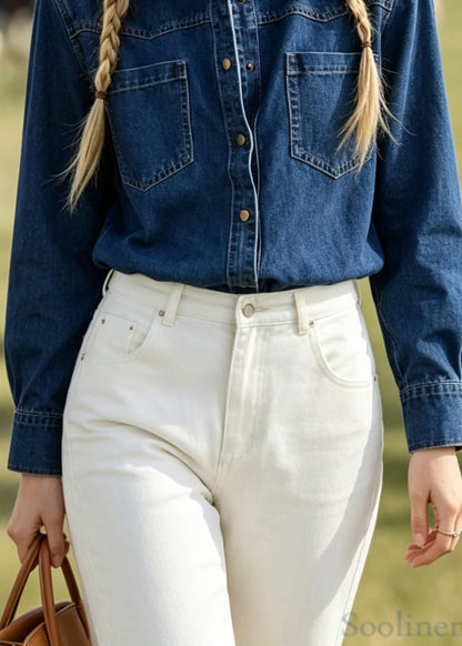 New Blue Peter Pan Collar Pockets Patchwork Denim Shirts Coats Fall