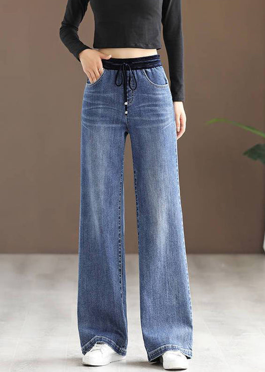 New Blue Pockets Elastic Waist Patchwork Denim Pants Spring