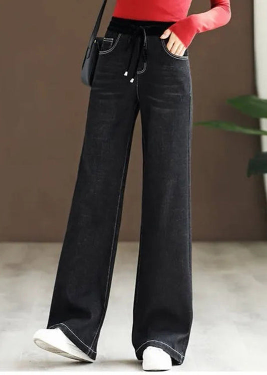 New Blue Pockets Elastic Waist Patchwork Denim Pants Spring